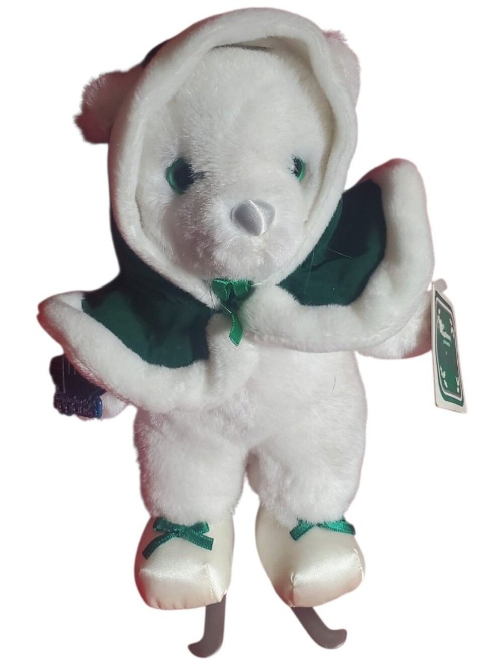 Applause Vtg 1988 White Plush Teddy Bear Ice Skater With Green Hooded Cape